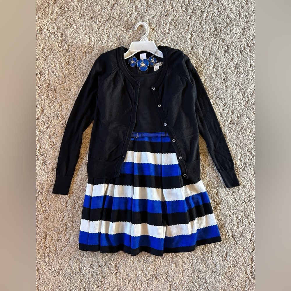 Girls Knitworks striped dress, with matching belt, necklace, black cardigan - 12
